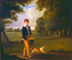 Young Man with a Cricket Bat Walking a Spaniel in the Grounds of Eton College by Ramsay Richard Reinagle
